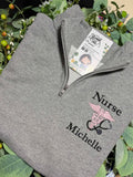 Embroidered Nurse with Stethoscope and Name Quarter Zip Sweater