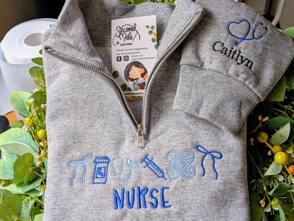Embroidered Nurse Icon with Sleeve Stethoscope Name Quarter Zip Sweater