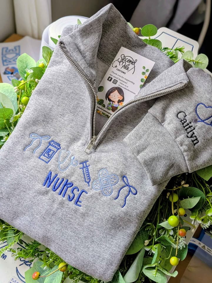Embroidered Nurse Icon with Sleeve Stethoscope Name Quarter Zip Sweater