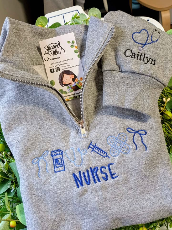 Embroidered Nurse Icon with Sleeve Stethoscope Name Quarter Zip Sweater