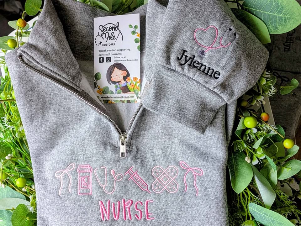 Embroidered Nurse Icon with Sleeve Stethoscope Name Quarter Zip Sweater
