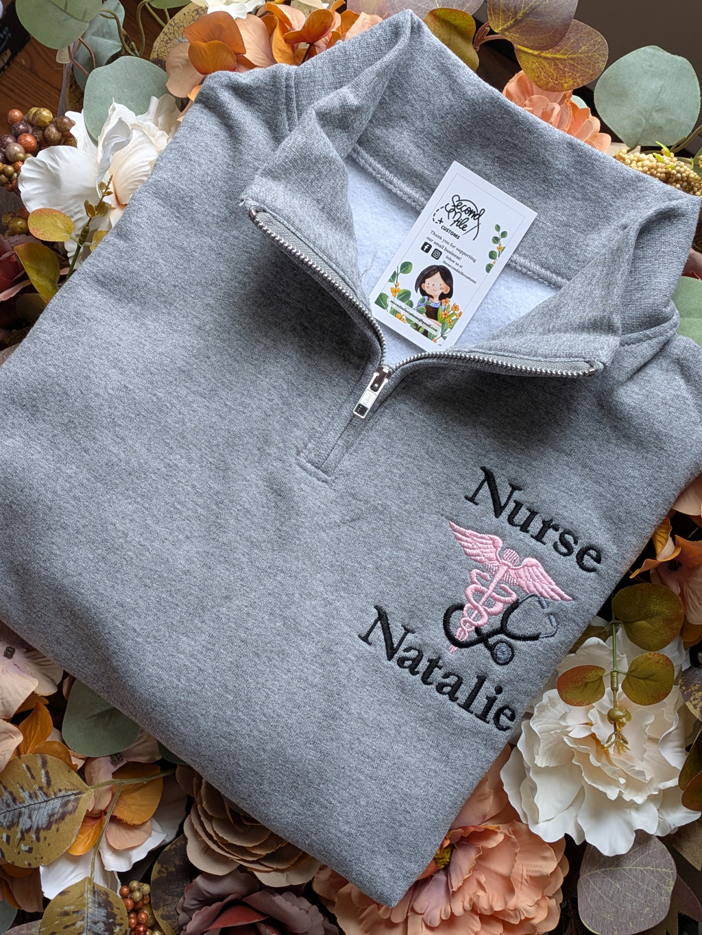 Embroidered Nurse with Stethoscope and Name Quarter Zip Sweater